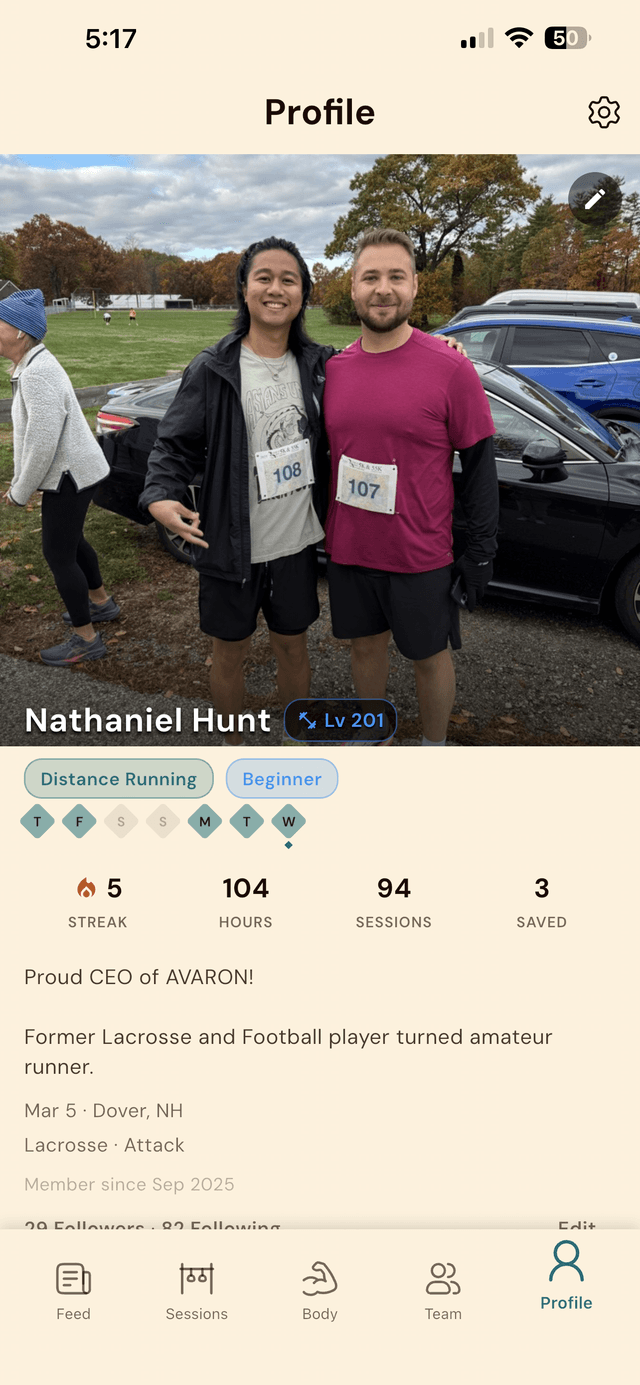 AVARON athlete profile with streaks, hours, sessions, and level